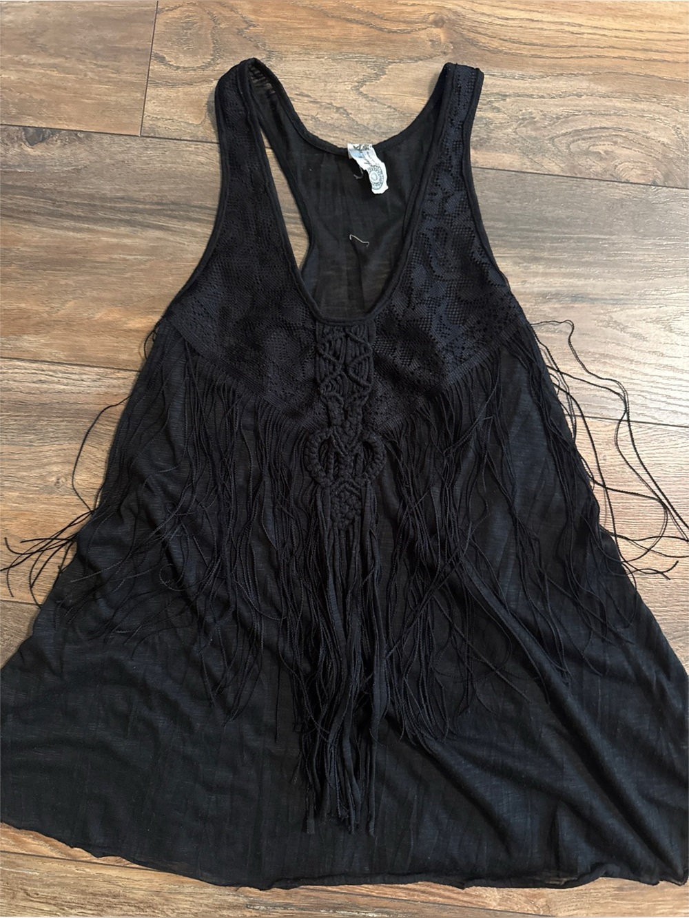 Free People Size XS Black Boho Fringe Racer Back Tank Top